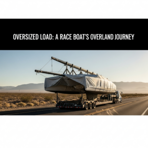 Race boat on a transport trailer with mast secured and supports in place during racing sailboats boat transport for overland hauling