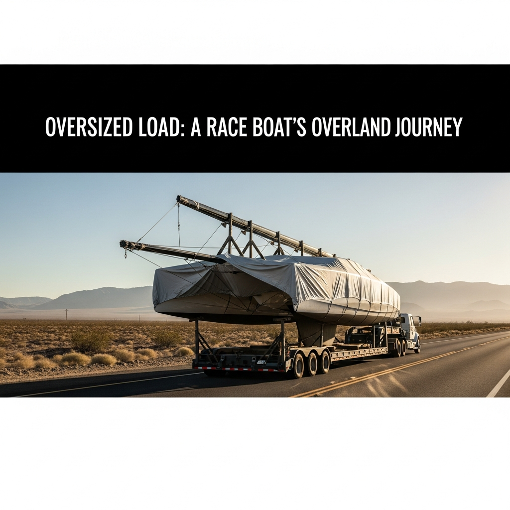 Race boat on a transport trailer with mast secured and supports in place during racing sailboats boat transport for overland hauling