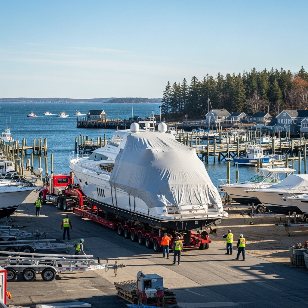 A large boat on a transport trailer at a Maine marina during seasonal haul scheduling, illustrating boat transport Maine.