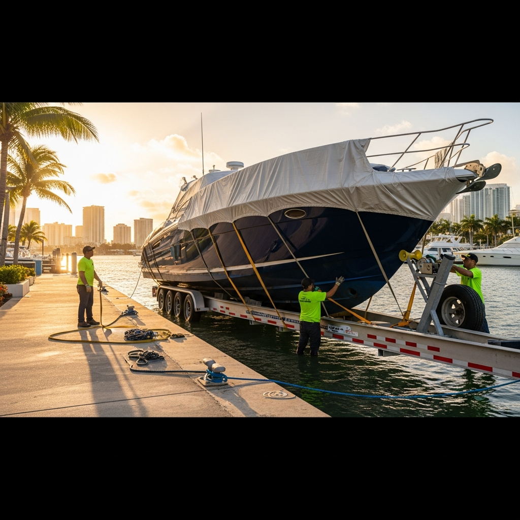 Boat being secured on a trailer at a South Florida marina, showing planning behind Cheapest Boat Transport South Florida.