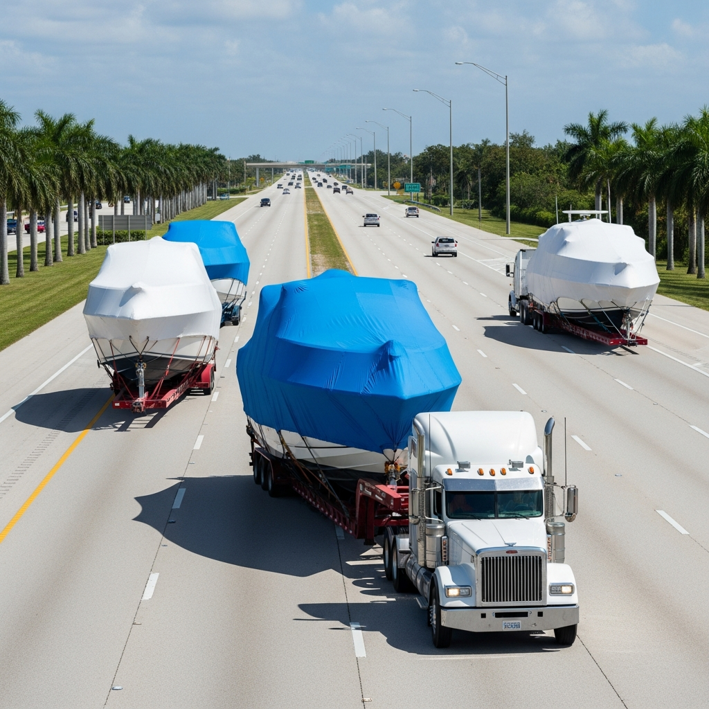 Boat Shipping Florida truck hauling a large boat on a highway, showing seasonal risks and need for proper transport coverage