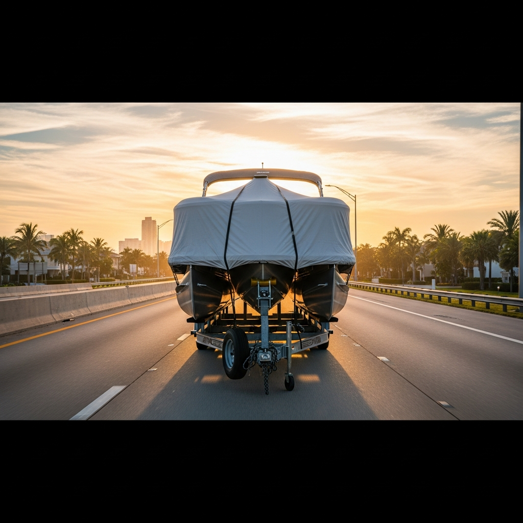 Pontoon boat on a transport trailer heading toward South Florida, highlighting seasonal Pontoon Boat Transport South Florida challenges.