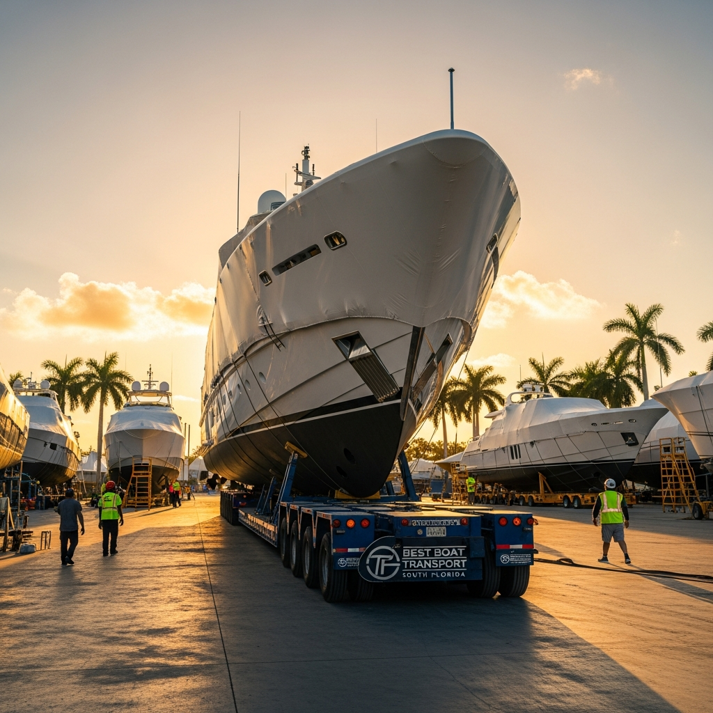 Large yacht on transport trailer in South Florida yard, showing Best Boat Transport South Florida handling oversize moves.