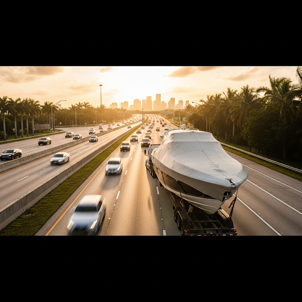 Boat on a transport trailer on a South Florida highway showing Boat Transport South Florida Cost during busy season
