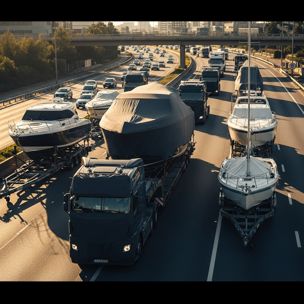 Alpha Boat Transport Running Stealth Transport Missions trailer hauling a yacht on highway during peak season with precise routing