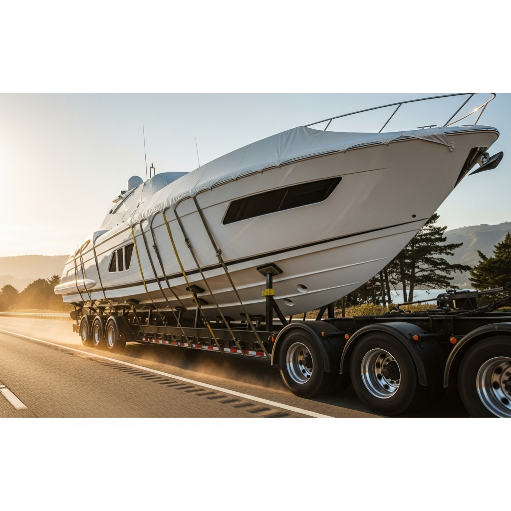Performance Yachts Boat Transport trailer carrying a performance hull secured with bunks, straps, and brake axles for a safe road haul.