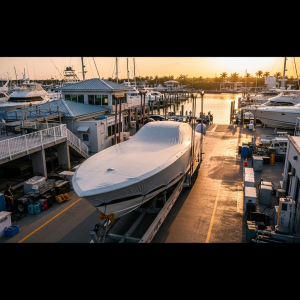 Boat Transport Florida To New York shown with a large powerboat on a trailer at a marina, highlighting careful prep and yard handling steps.