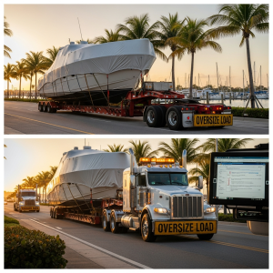 West Palm Beach Florida Boat Transport truck hauling an oversize boat from marina with permits and route planning underway