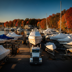 Boat Shipping Company trailer hauling yacht at marina during fall haul-out, highlighting permits, timing, and coverage