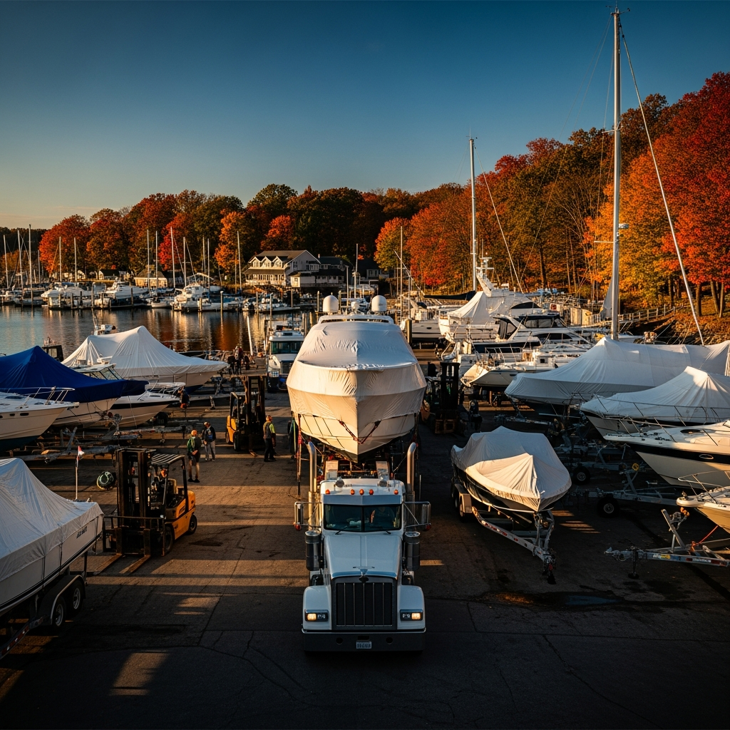 Boat Shipping Company trailer hauling yacht at marina during fall haul-out, highlighting permits, timing, and coverage