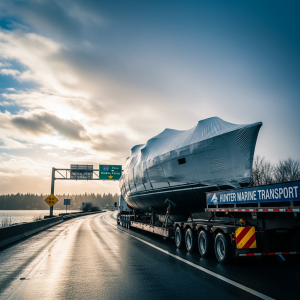 Hunter Marine Transport boat haul on highway trailer, showing spring oversize shipping and permit timing challenges