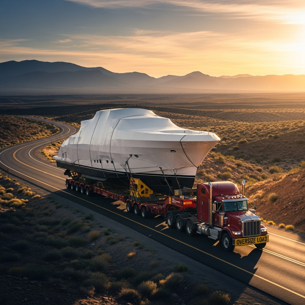Yacht Transport truck hauling an oversized yacht on a cradle, highlighting loaded height and overland permit planning