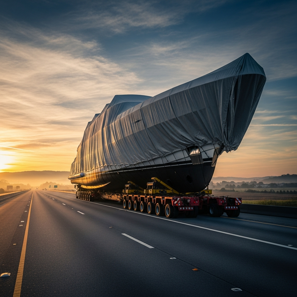 Boat Movers hauling an oversize yacht on a trailer, highlighting permit planning and interstate route challenges.