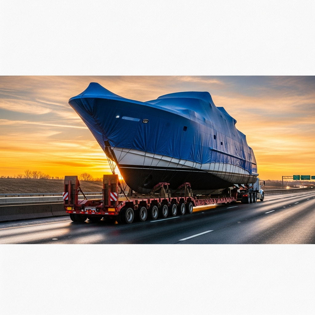 Yacht Transportation Services moving an oversize boat on trailer, highlighting permit delays and multi-state hauling