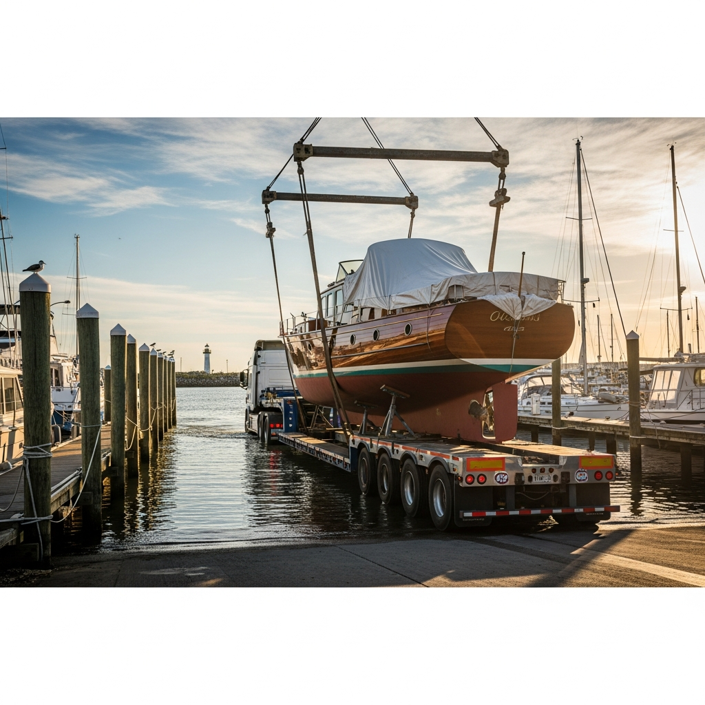 Classic Yachts Boat Transport truck hauling a vintage wooden yacht from a marina, showing careful hull support and seasonal shipping context.