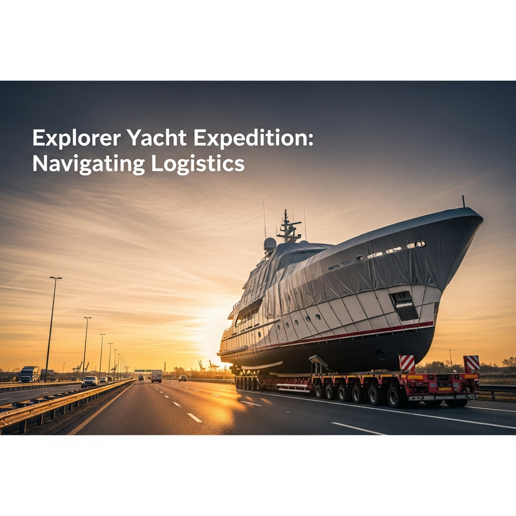 Large explorer yacht secured on a transport trailer during peak season, illustrating Explorer Yachts Boat Transport planning