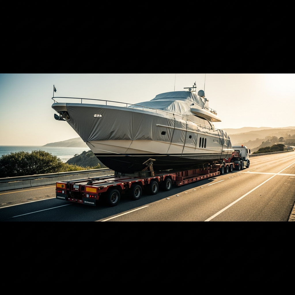 Flybridge yacht secured on a transport trailer, highlighting why precise measurements matter in Flybridge Yachts Boat Transport