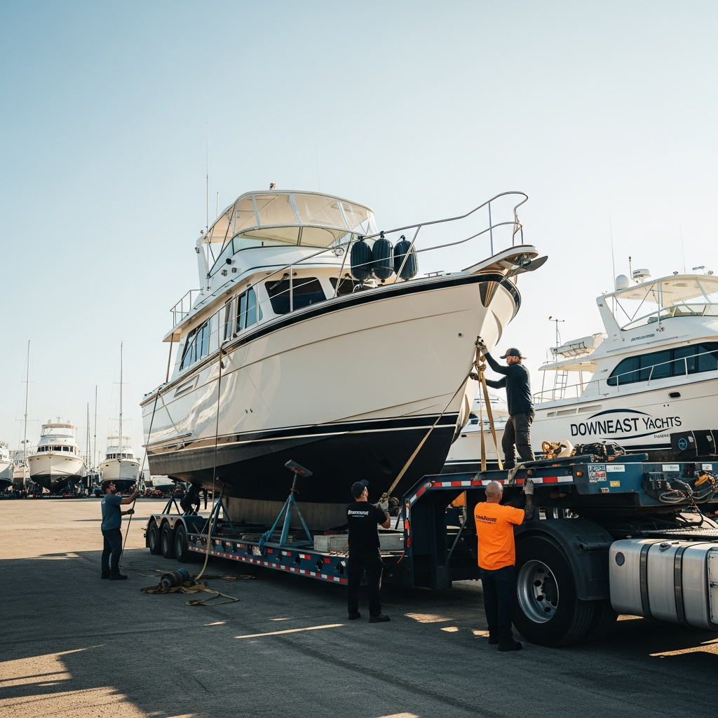 Crew preparing a Downeast cruiser on a transport trailer, showing key Downeast Yachts Boat Transport steps and securement