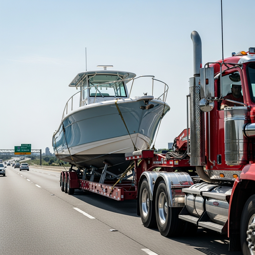 Boat mover truck hauling a large center‑console boat on a heavy trailer, showing secure straps and highway‑ready transport setup.
