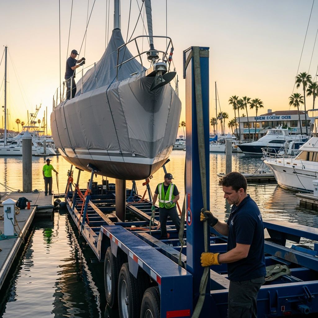 Crew securing a sailboat onto a transport trailer at a marina, illustrating Sailboat Transport Cost Per Mile factors.