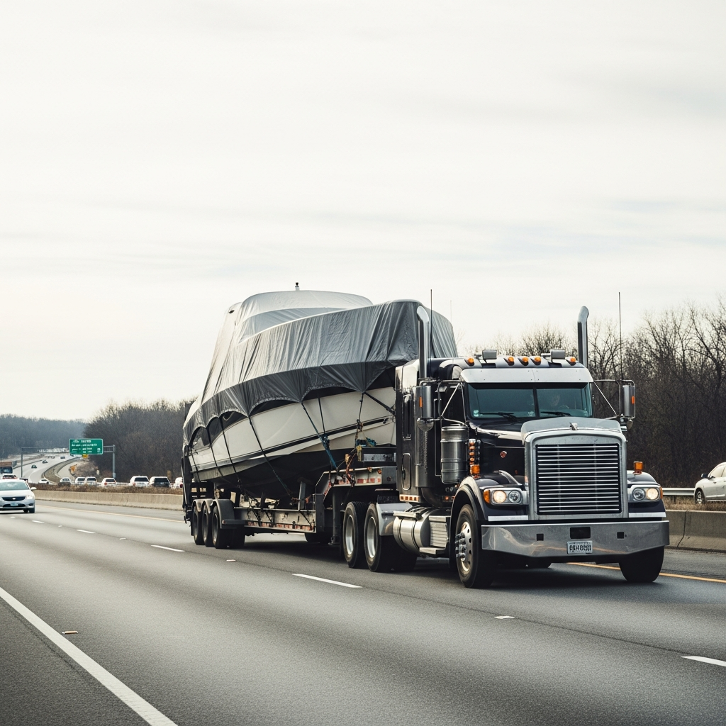 A truck hauling a mid‑size boat on a highway, illustrating real costs and how much do boat haulers make in transport work.
