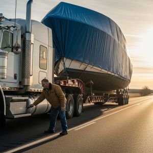 Truck hauling a large boat during a safety check, illustrating Boat Transport Wisconsin risks from equipment defects on road.