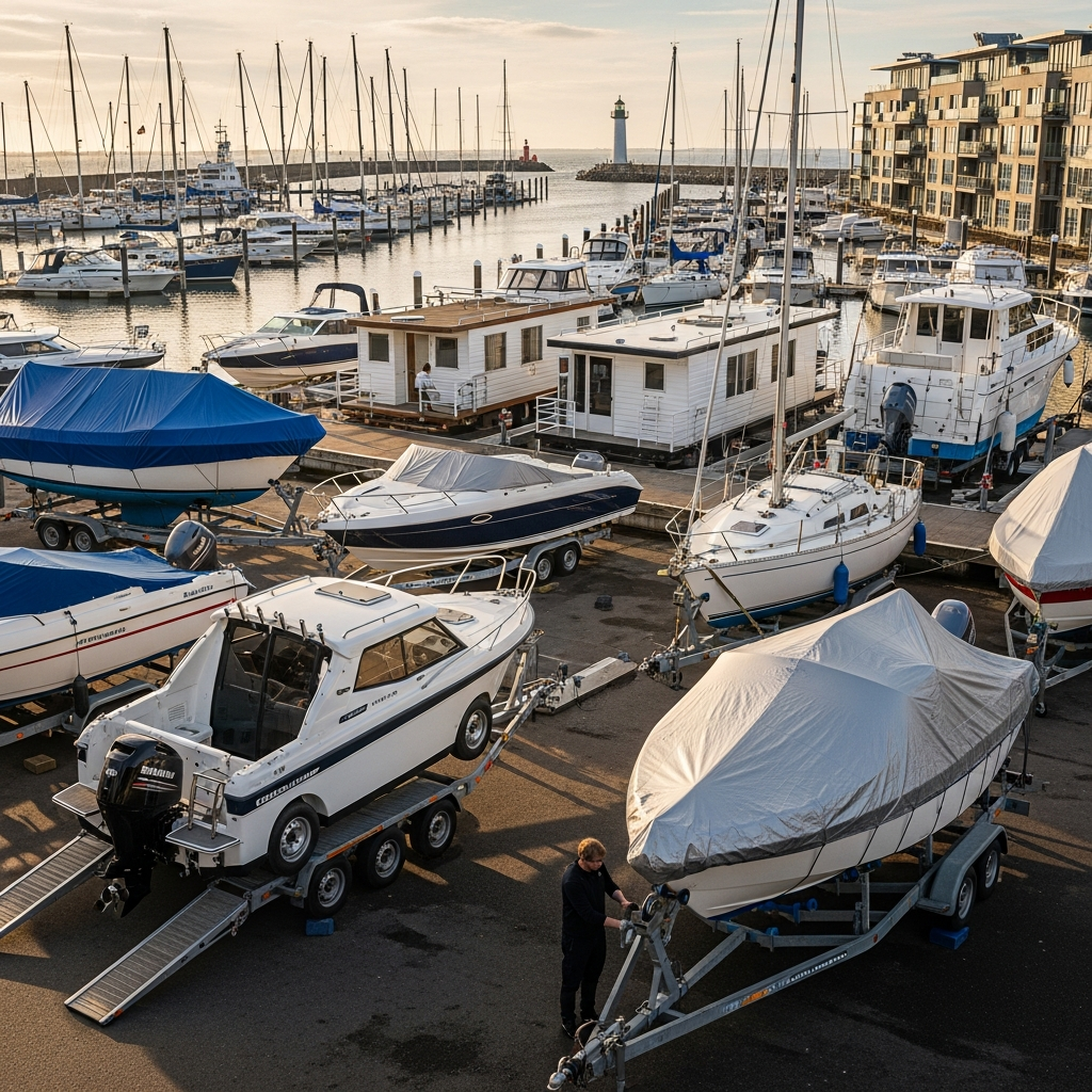 Pocket Yachts Boat Transport trailer carrying a compact yacht at a marina, highlighting safe setup and careful haul preparation.