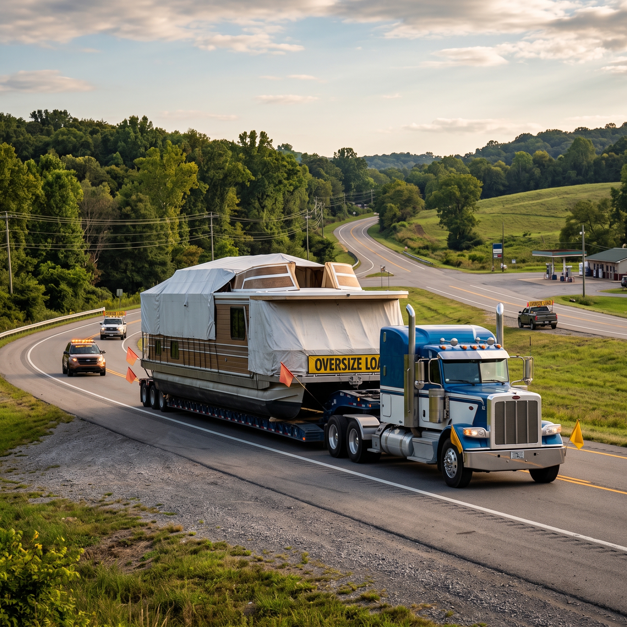 Houseboat Movers In Tennessee hauling an oversize houseboat on a trailer, highlighting permits and route planning