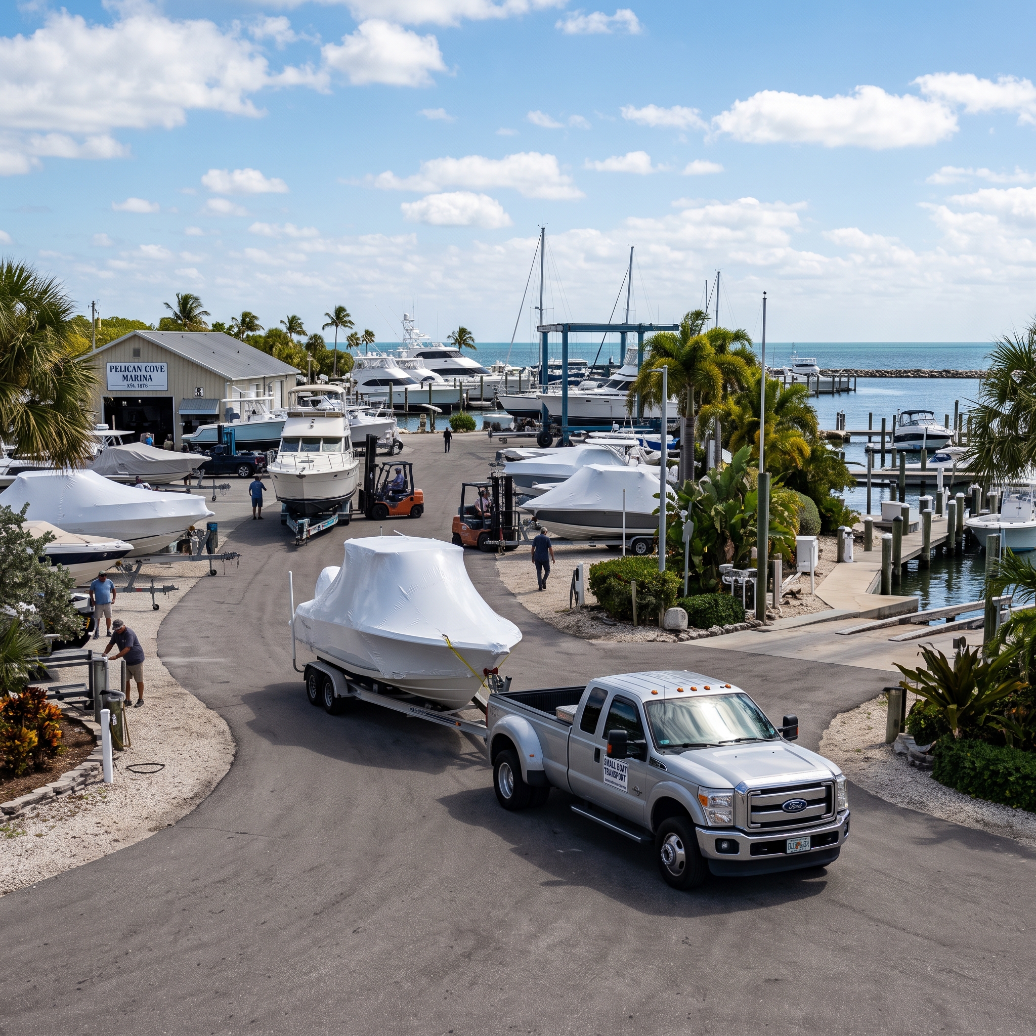 Small Boat Transport Near Me truck hauls a boat on trailer during spring shipping rush at a Florida marina
