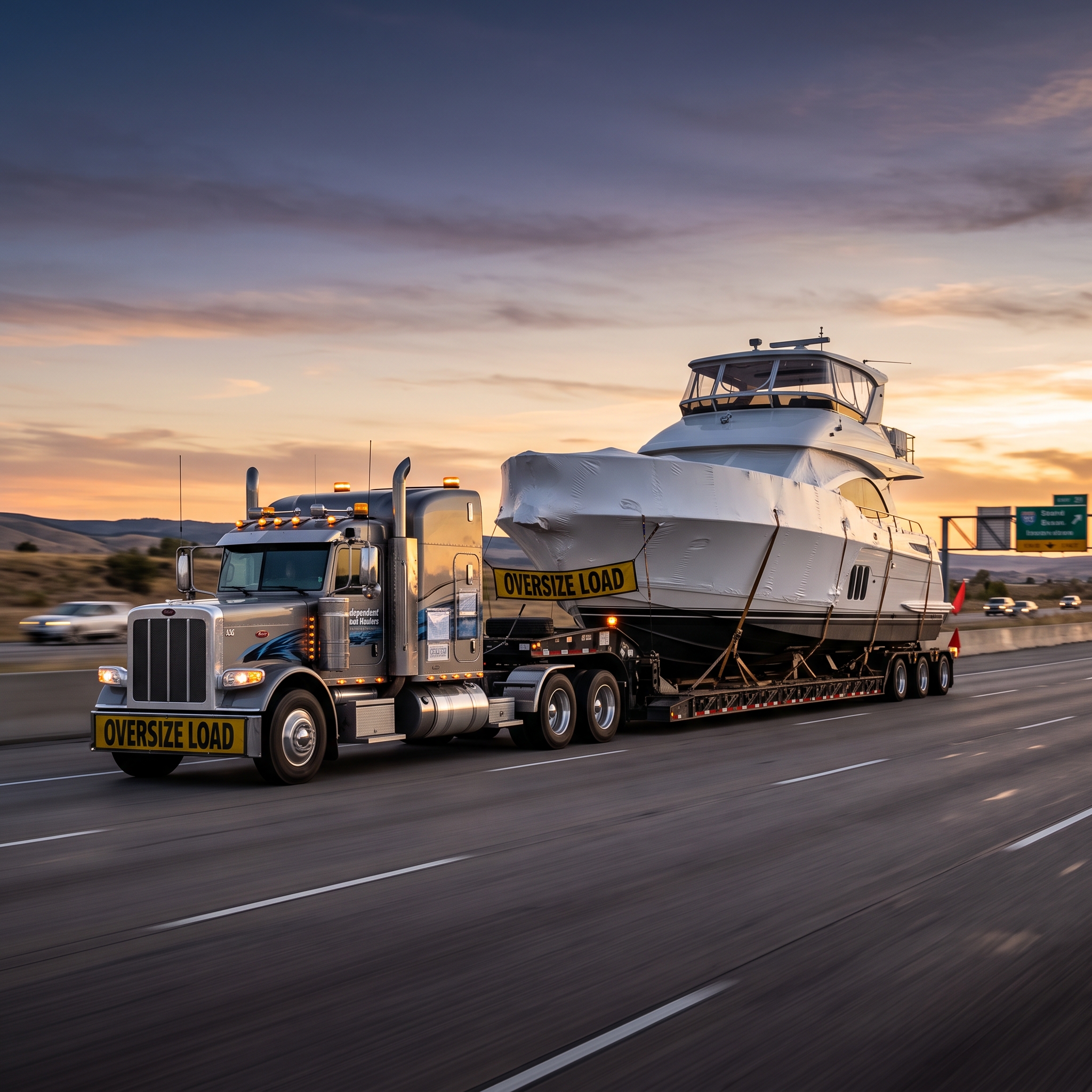 Independent Boat Haulers truck towing an oversize boat on trailer, highlighting permits and interstate shipping logistics