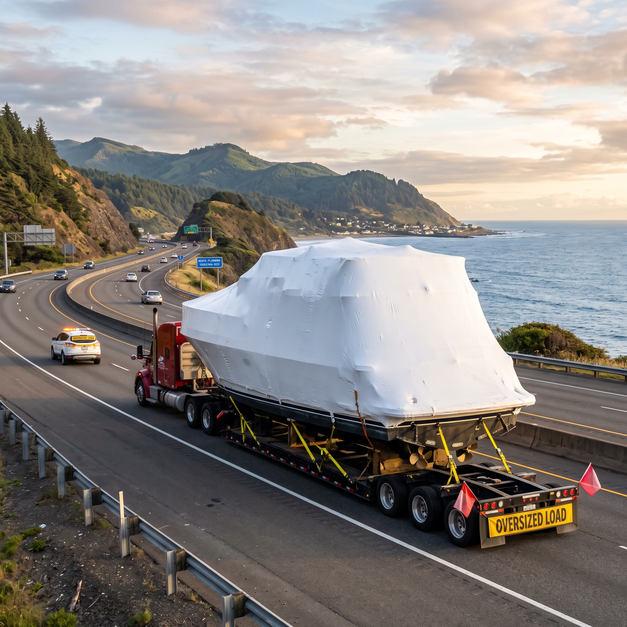 Boat Shipping Services truck hauling an oversized boat on trailer, highlighting permits, route planning, and safe delivery