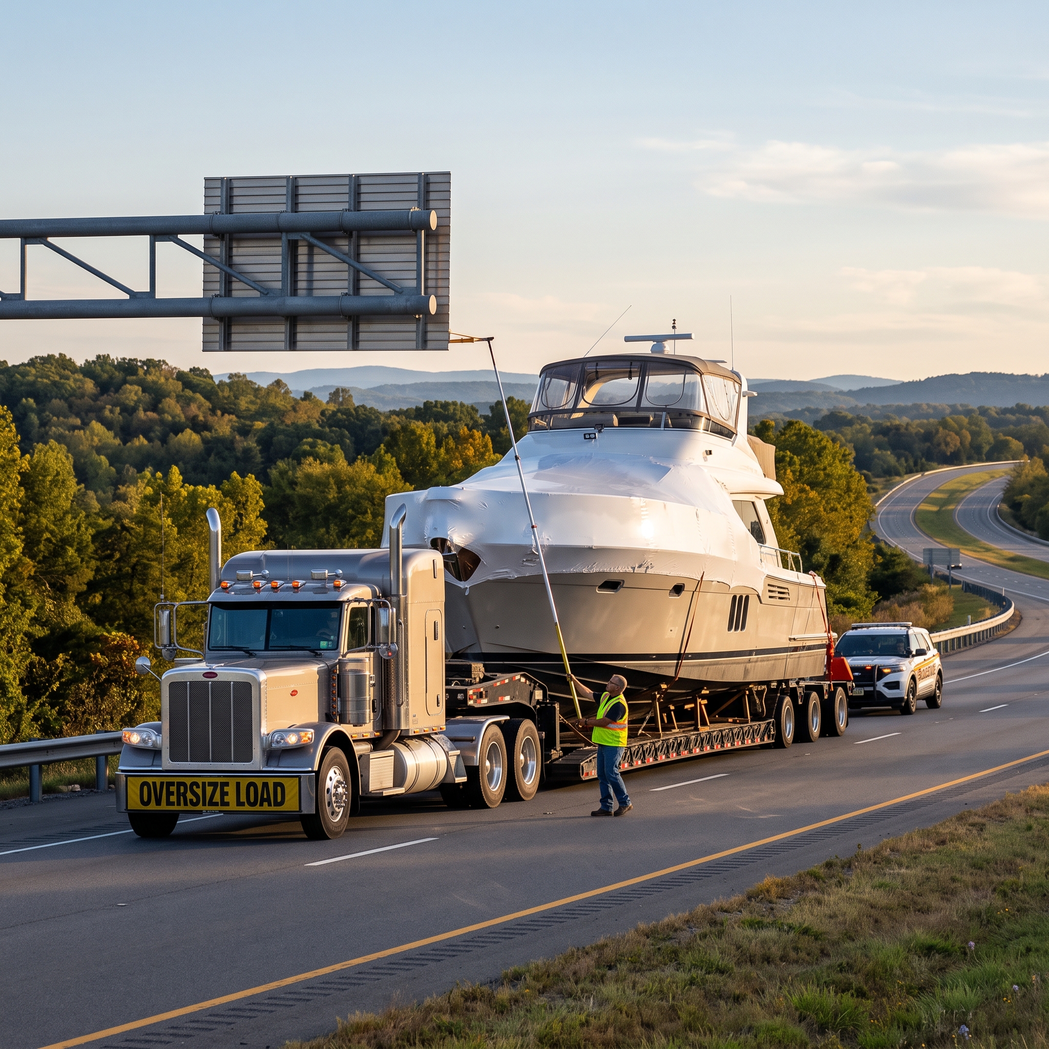 Us Boat Transport trailer hauling an oversize yacht on highway, highlighting permits, height checks, and interstate routing