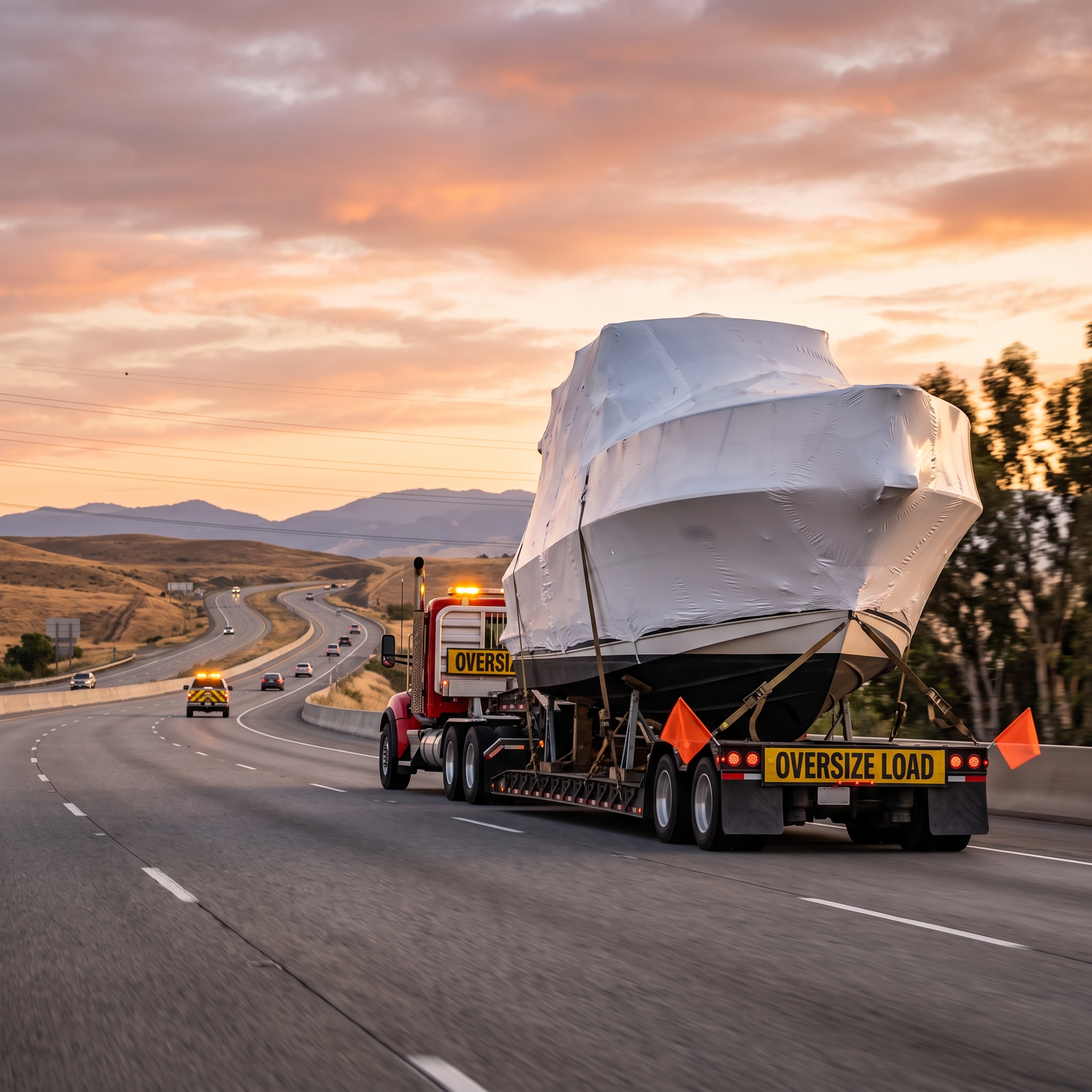 Trailer Boat Transport truck hauling an oversize boat on a trailer, highlighting permit planning and loaded height concerns