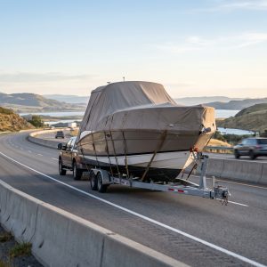 Boat Shipping Quotes for cruiser on trailer, showing secure straps, proper fit, and overland transport preparation