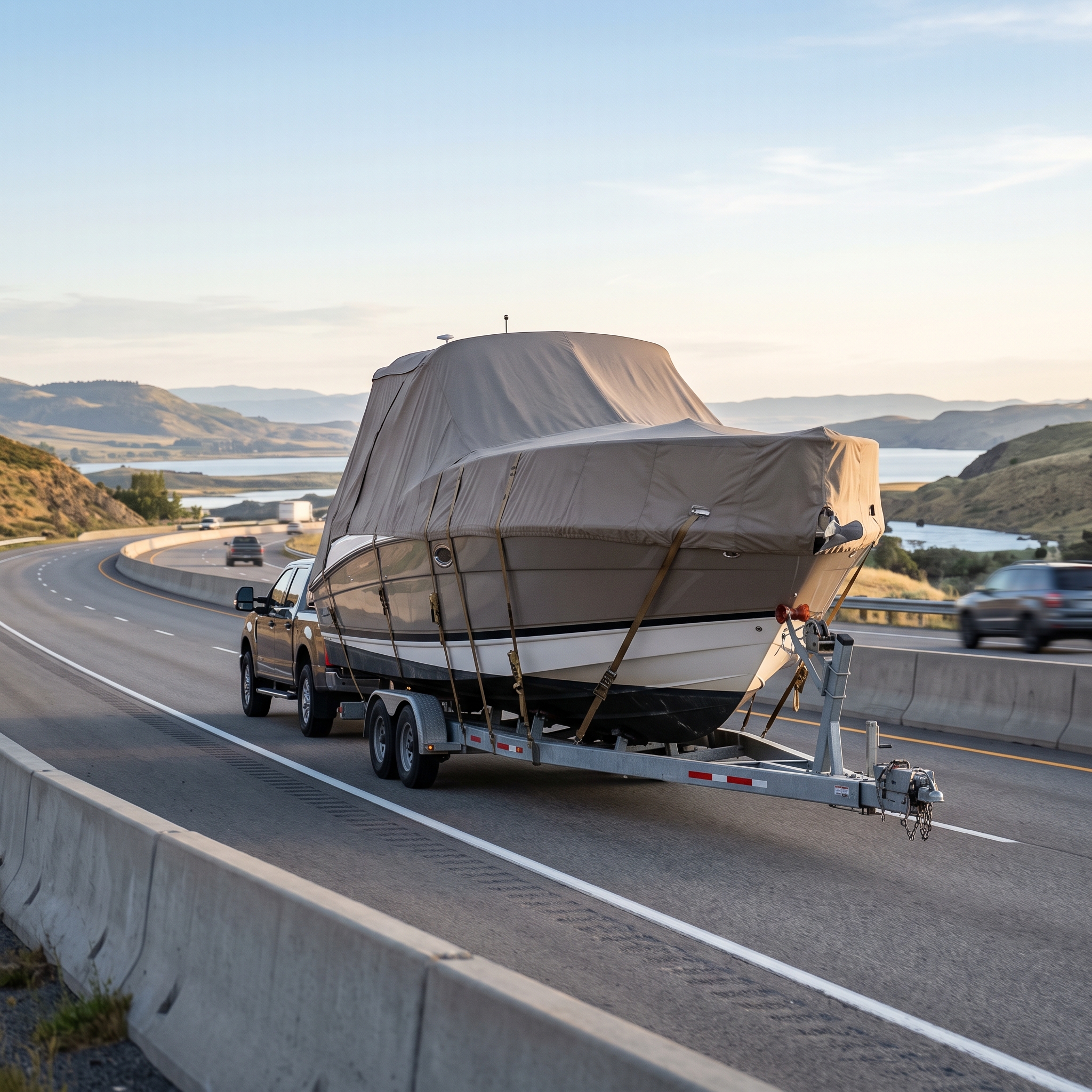 Boat Shipping Quotes for cruiser on trailer, showing secure straps, proper fit, and overland transport preparation