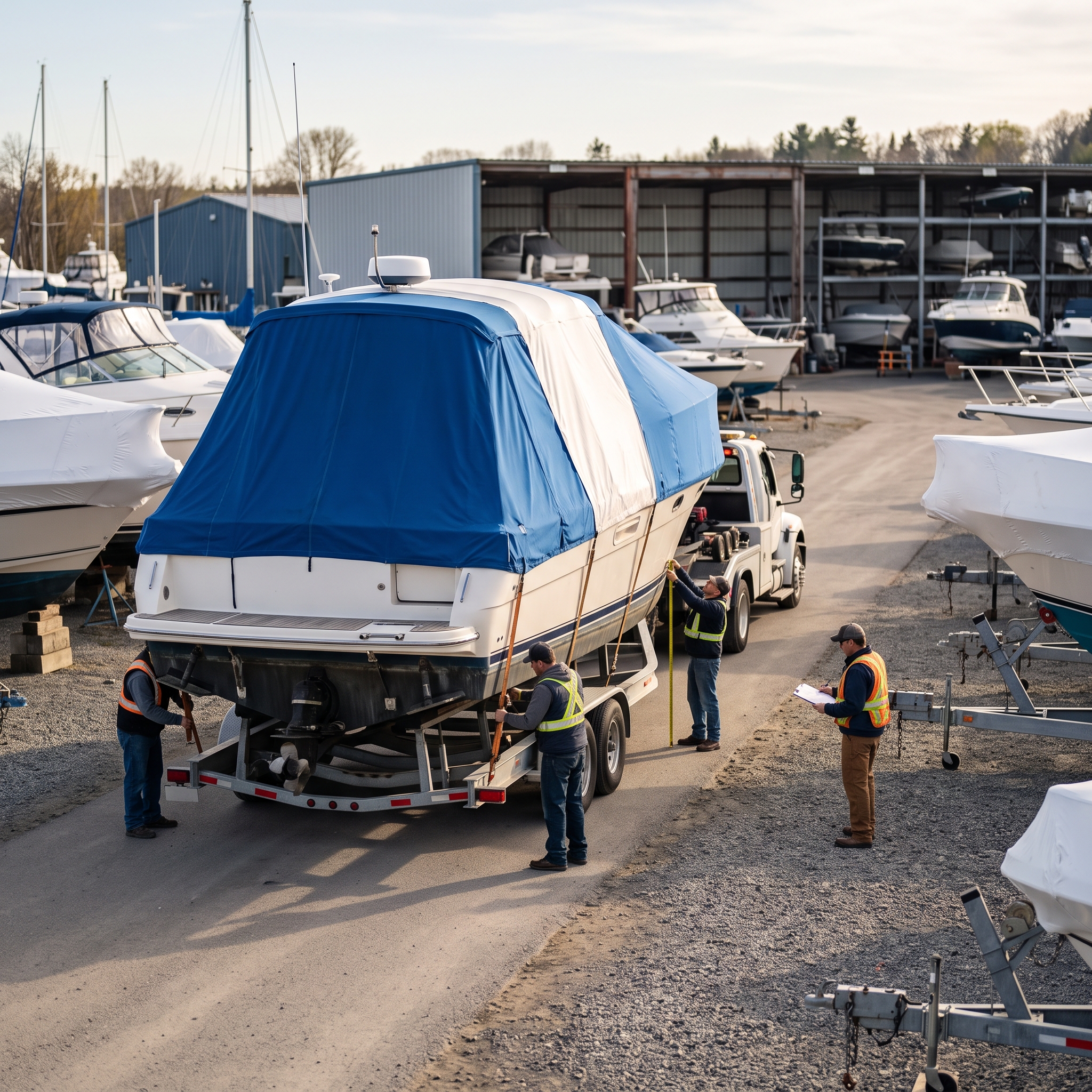 Moving Boat on a trailer at a marina yard, with crew checking height, straps, and permits before spring launch