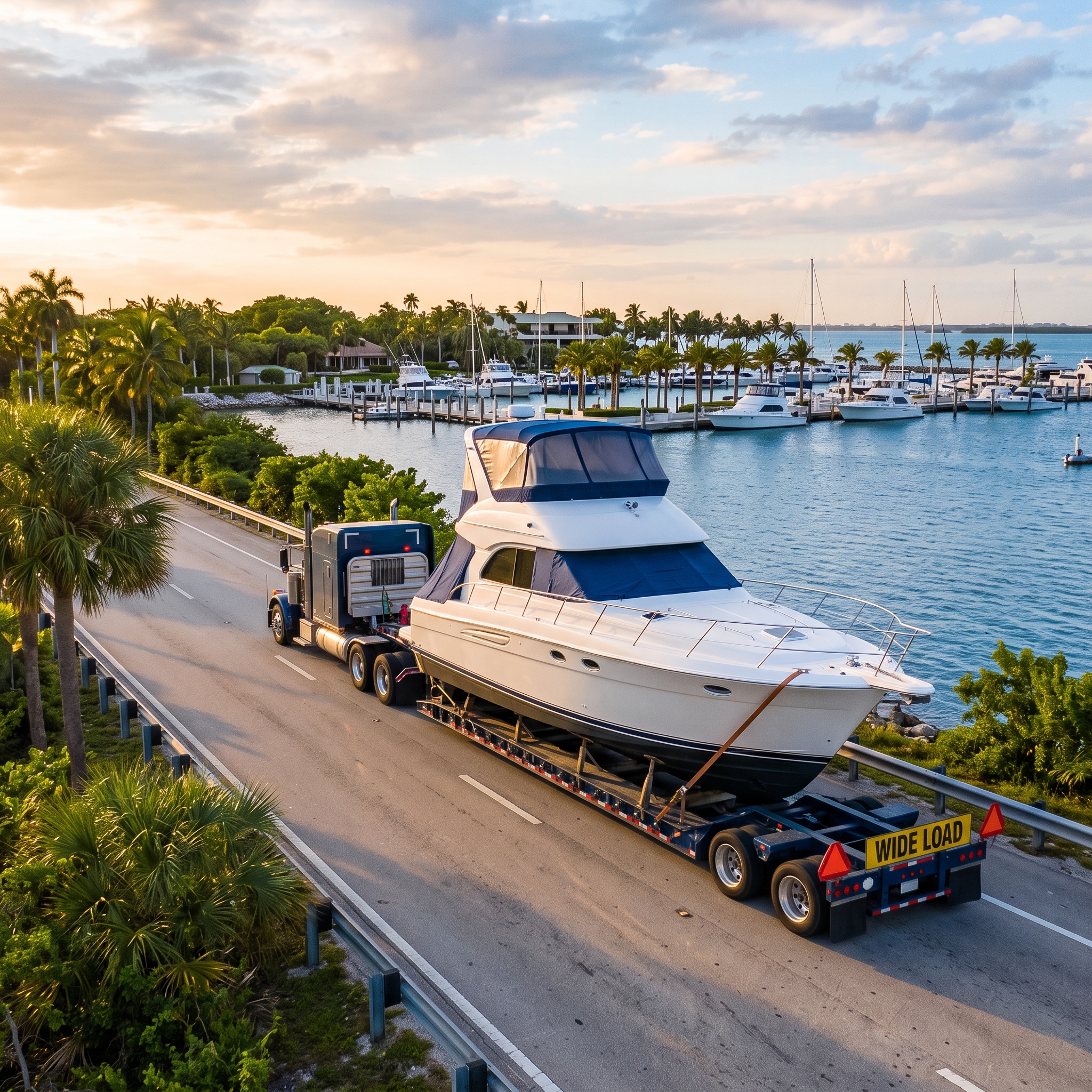 Boat Transport By Ship trailer hauling a boat to a South Florida marina, highlighting insured, planned delivery service