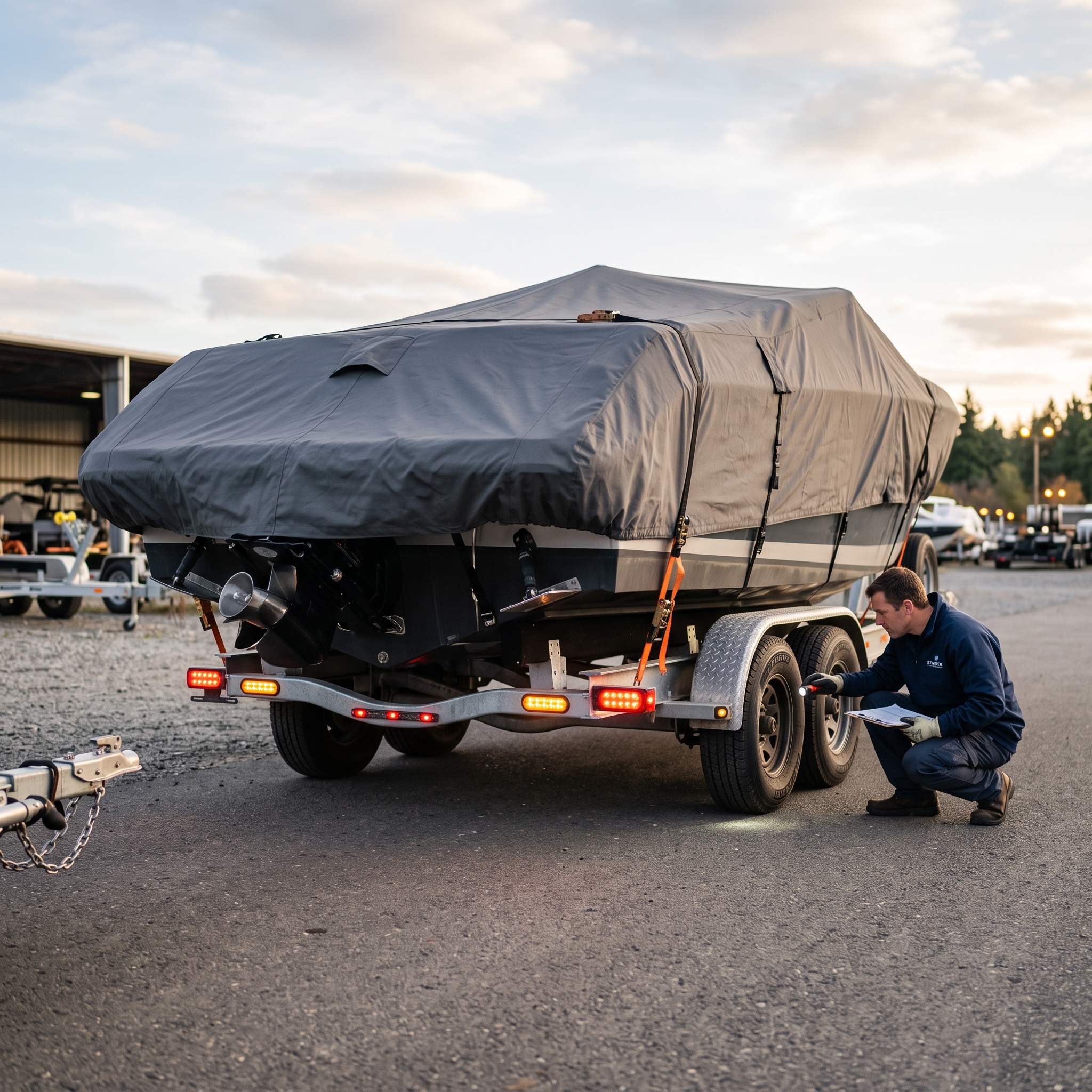 Stryker Marine boat on trailer during pre-haul inspection, highlighting lights, tires, and transport readiness