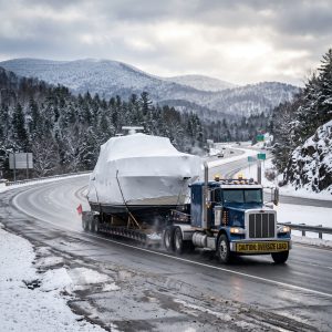 Yacht Transport Companies hauling a cruiser south on a trailer in winter, highlighting route planning and marina delivery