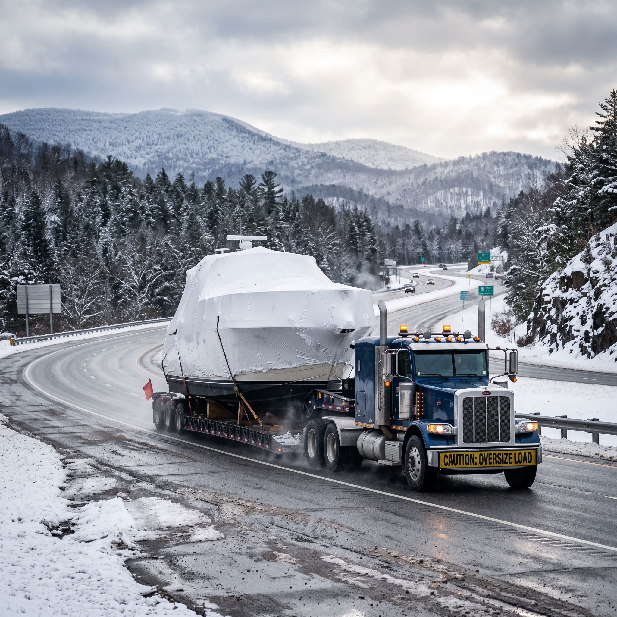 Yacht Transport Companies hauling a cruiser south on a trailer in winter, highlighting route planning and marina delivery