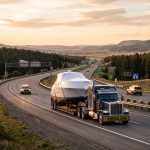 Boat Relocation truck hauling a wide beam cruiser on highway, highlighting permits, route checks, and state line delays