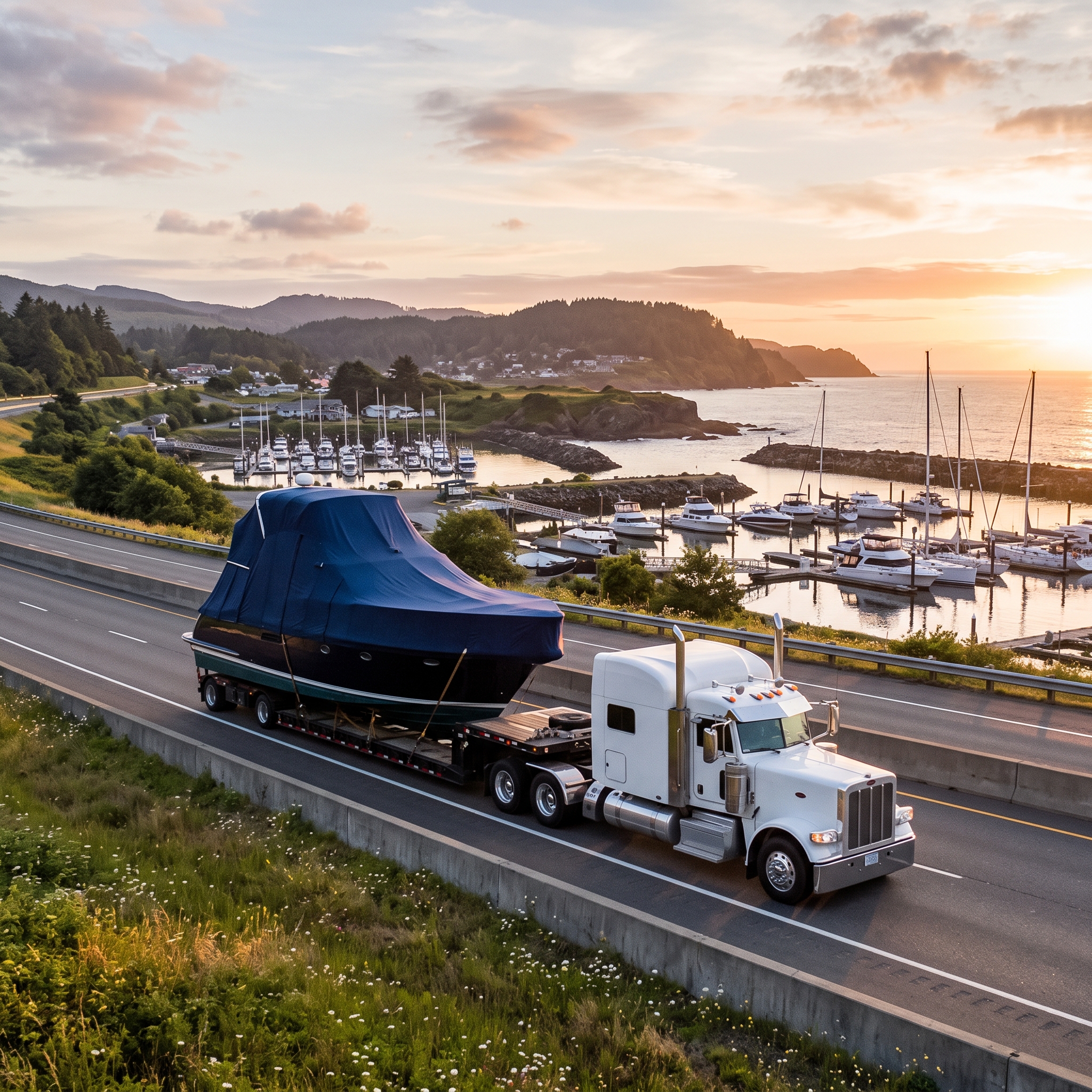 Boat Transport Companies Near Me truck hauling a boat on trailer, prepared for long-distance marina delivery