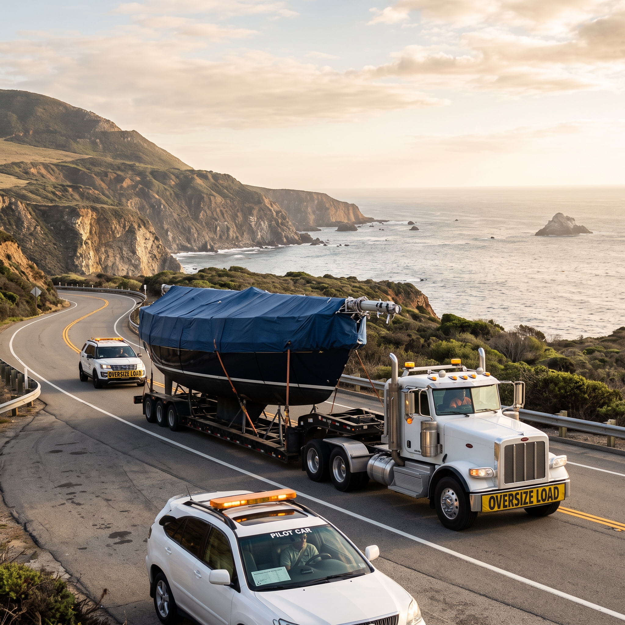 Sailboat Shipping Companies hauling a mast-down sailboat on trailer, highlighting oversize permit planning and route checks