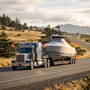 Overland Boat Transport truck hauling a wide center console boat on trailer with oversize permit planning context