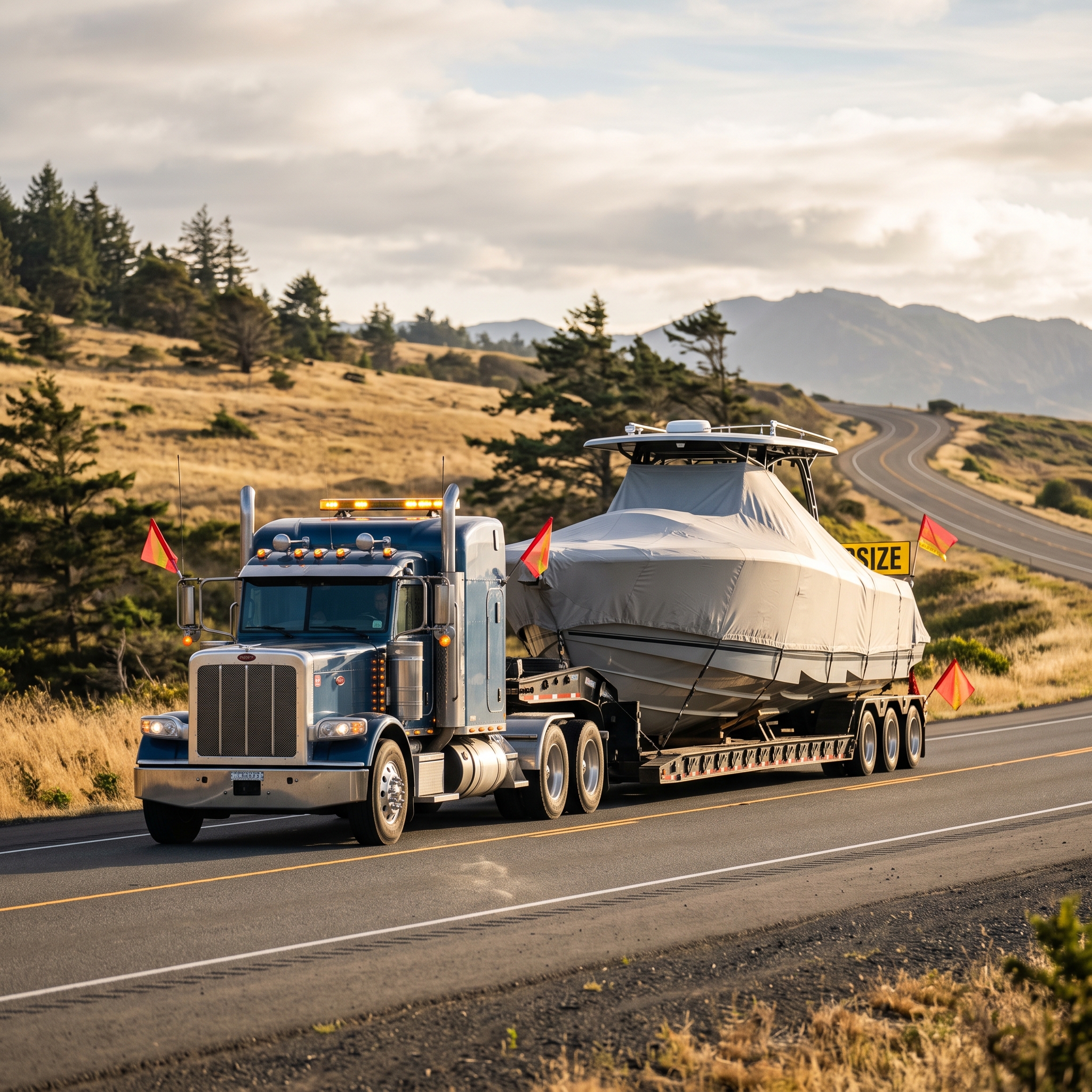 Overland Boat Transport truck hauling a wide center console boat on trailer with oversize permit planning context