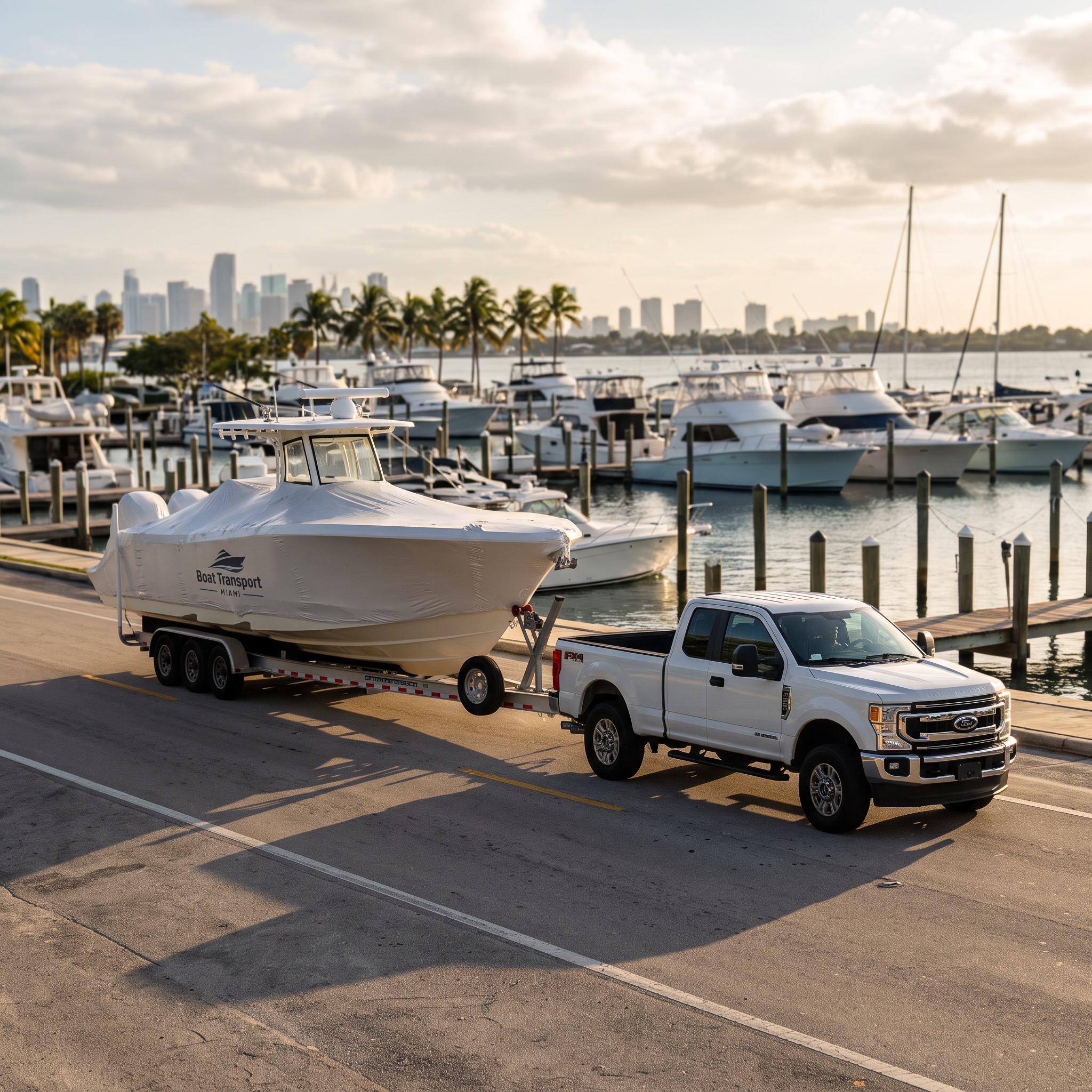 Boat Transport Miami truck hauling a center console boat on trailer past a South Florida marina with permit-ready prep