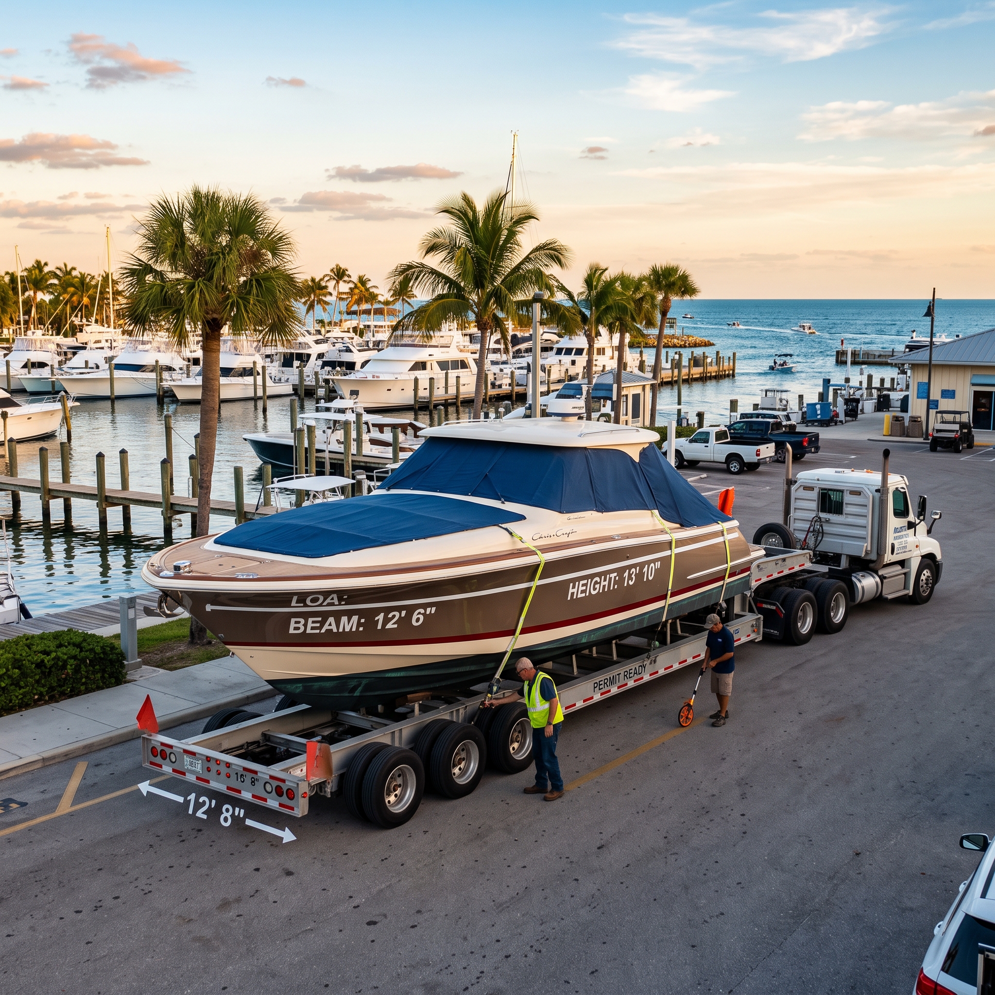 Boat on trailer at marina with permit-ready measurements, highlighting Boat Transport Cost for Florida to New Jersey moves
