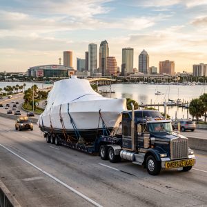 Boat Transport Tampa Fl truck hauling a yacht from Tampa marina with secure straps and oversize route planning underway