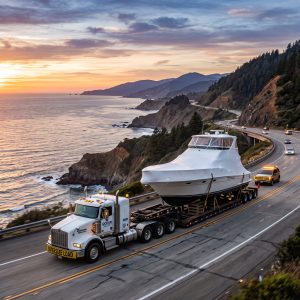 Boat Shipping Company trailer hauls an oversized flybridge cruiser as height and permit planning guide the route