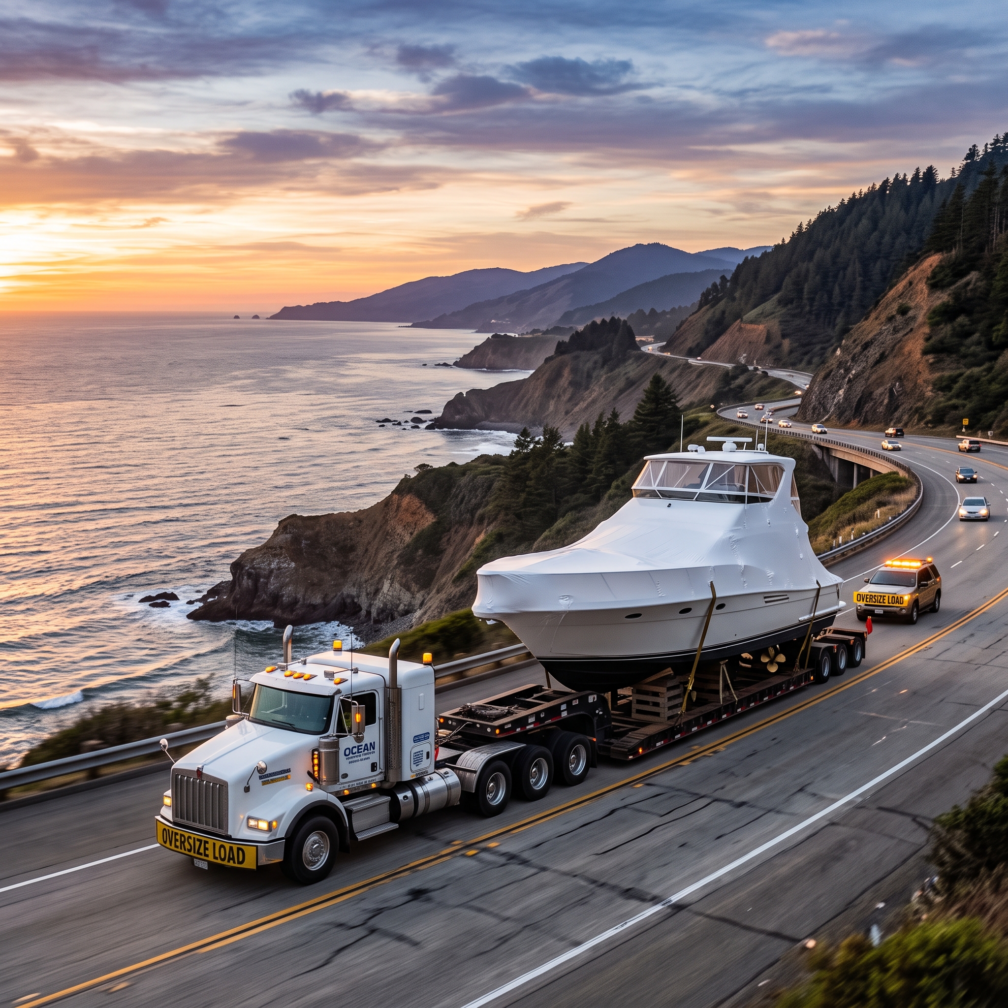 Boat Shipping Company trailer hauls an oversized flybridge cruiser as height and permit planning guide the route